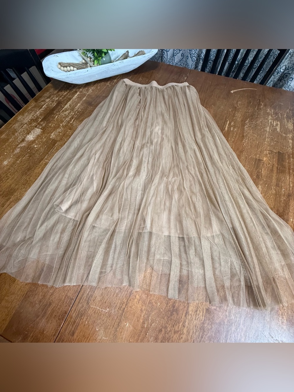 SHEIN Women’s Medium Beige Pleated Tulle Mesh Midi Maxi Skirt Elastic Waist